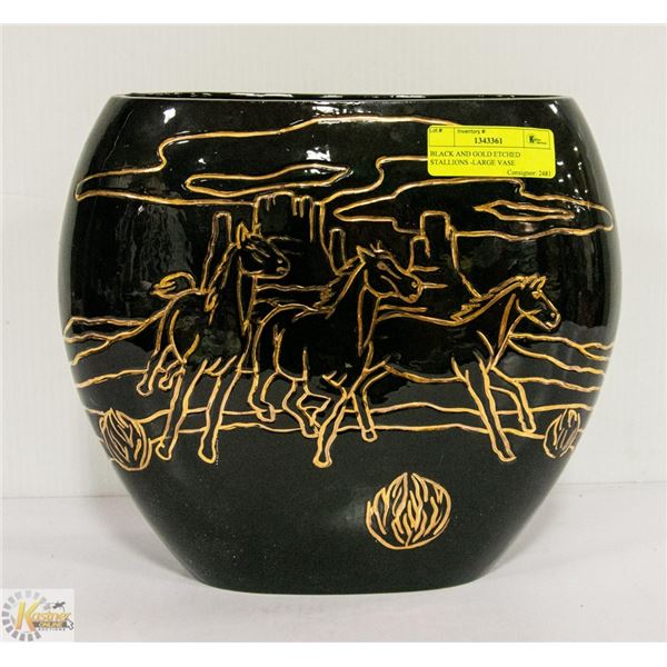 BLACK AND GOLD ETCHED STALLIONS -LARGE VASE