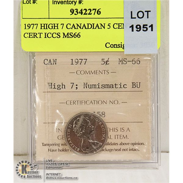 1977 HIGH 7 CANADIAN 5 CENT COIN CERT ICCS MS66