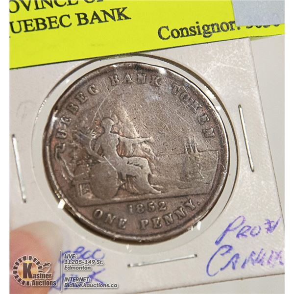 1852 PROVINCE OF CANADA 1 PENNY COIN QUEBEC BANK