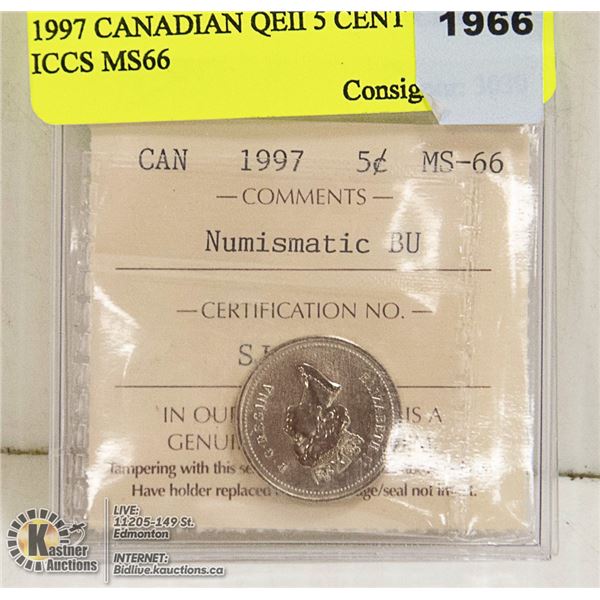 1997 CANADIAN QEII 5 CENT CERT ICCS MS66