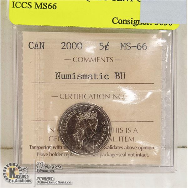 2000 CANADIAN QEII 5 CENT CERT ICCS MS66