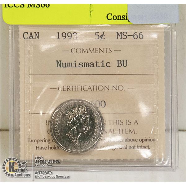 1993 CANADIAN QEII 5 CENT CERT ICCS MS66