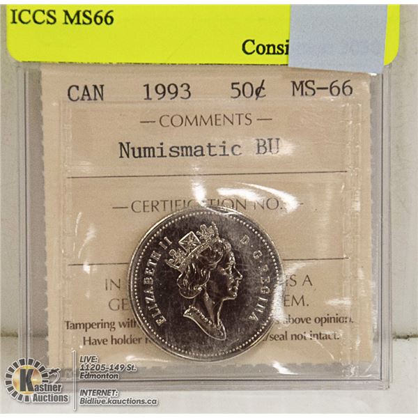 1993 CANADIAN 50 CENT COIN CERT ICCS MS66