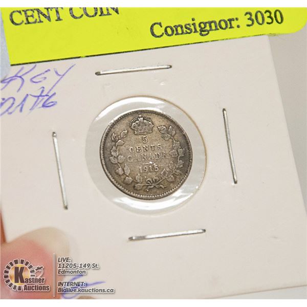 KEY DATE 1915 CANADIAN GV SILVER 5 CENT COIN