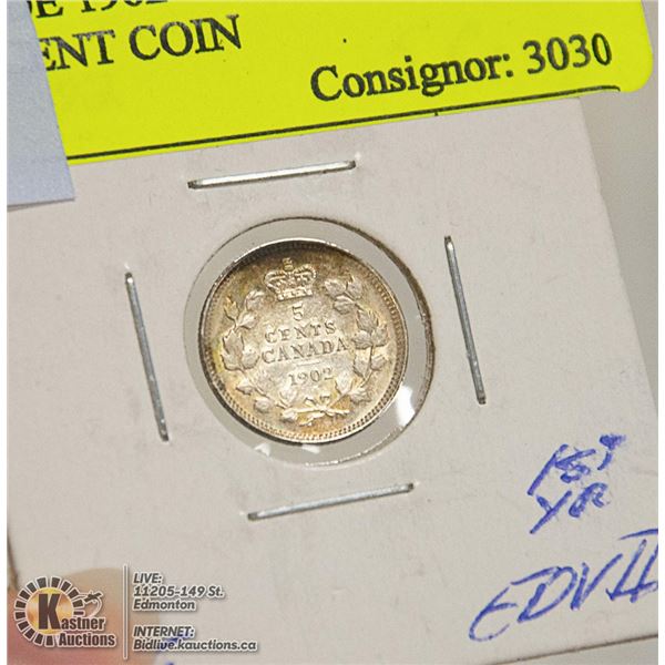 HIGH GRADE 1902 CANADIAN EDVII SILVER 5 CENT COIN