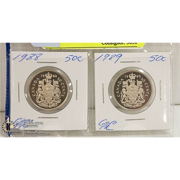 GEM PROOF 1988 & 1989 CANADIAN 50 CENT COINS NON