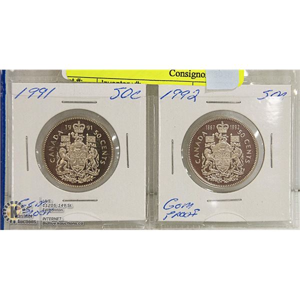 GEM PROOF 1991 & 1992 CANADIAN 50 CENT COINS NON