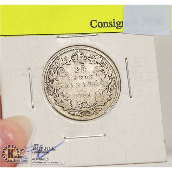 1919 CANADIAN GV SILVER 25 CENT COIN