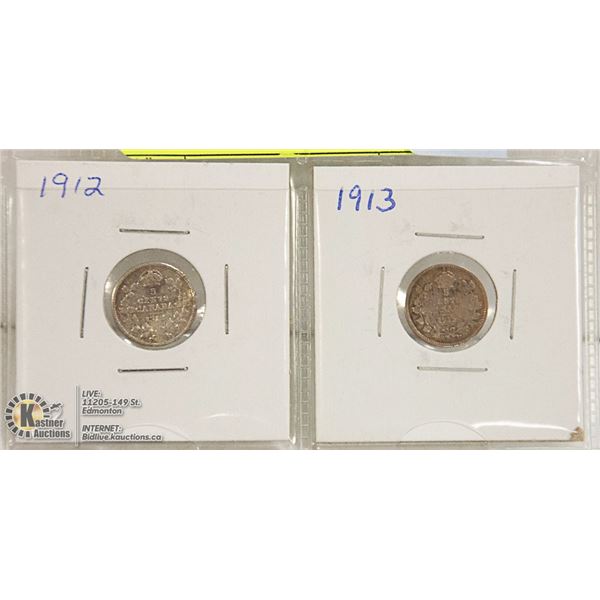1912 & 1913 CANADIAN GV SILVER 5 CENT COINS