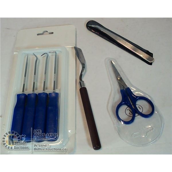 LOT OF CRAFTING TOOLS INCLUDING PICKS, SCRAPER,