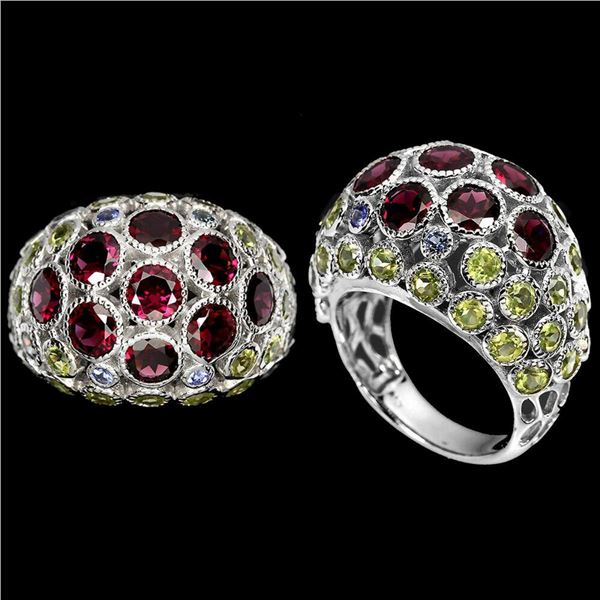 Natural Rhodolite Garnet Peridot Tanzanite Ring