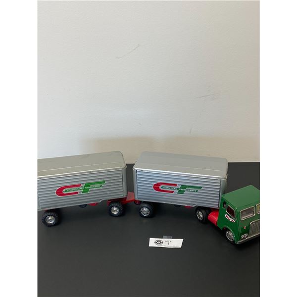 Vintage Japan Tin Friction Consolodated Frieghtways,Semi Truck with 2 Trailers Very Good Condition