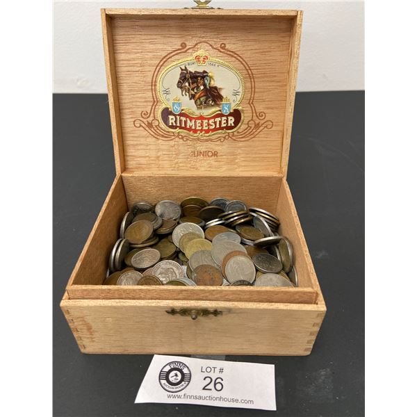 Small Wooden Cigar Box with World Coins.