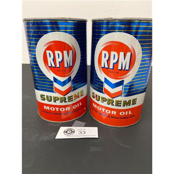 2 RPM Supreme Motor Oil Cans. One QT Full