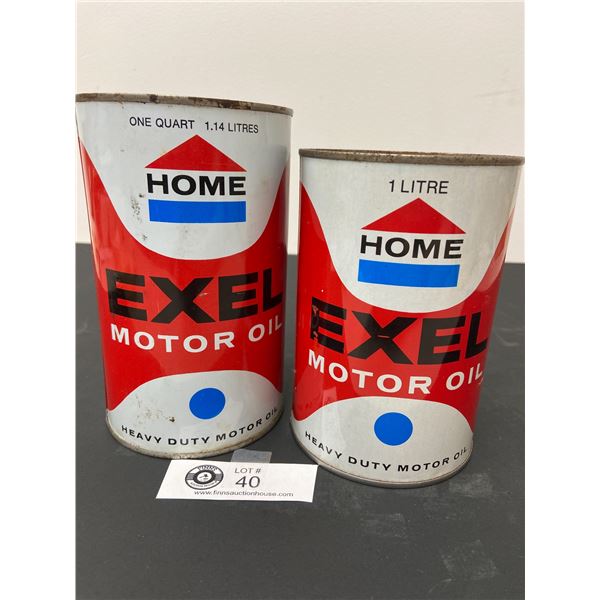 2 Home Excel Motor Oil Tins. 1 Qt and 1 Litre Cans Full