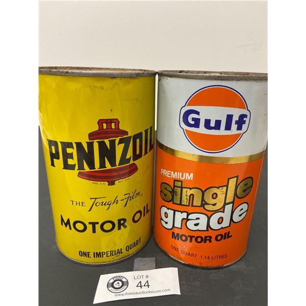 Gulf Premium Single Grade and Pennzoil Motor Oil Tin. 1 Imperial Qt. Both Full