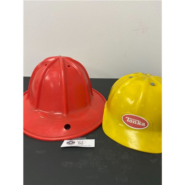 2 Vintage Plastic Tonka Hats, Fire Hat and Costruction Hard Hat