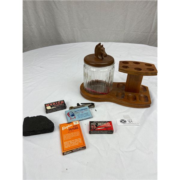 Nice Vintage Wooden Pipe Holder Lot. With Horse's Head Lid and Jar full of Pipe Cleaners, etc