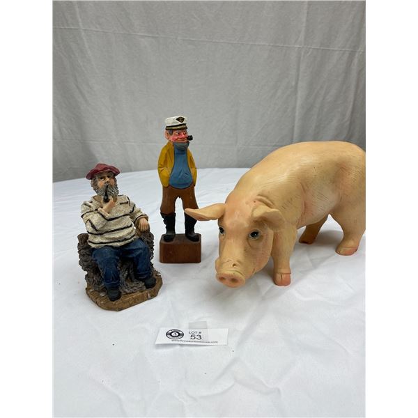 Vitnage Décor Lot Pig, and 2 Carved Men Smoking Pipes Figures