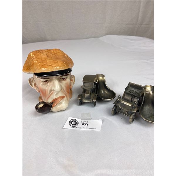 2 Cast Car Pipe Holders Plus Ceramic Tobacco Holder Man with Pipe