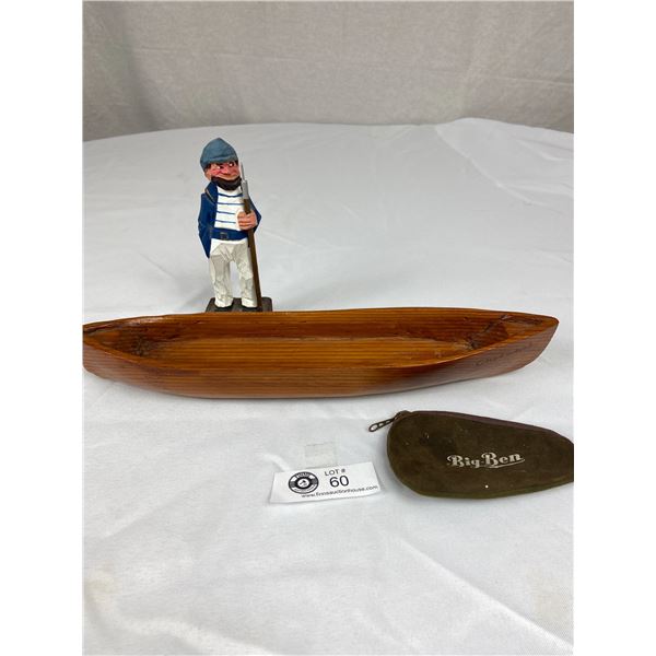 Hand Carved Boat with Figure and Big Ben Tobacco Bag