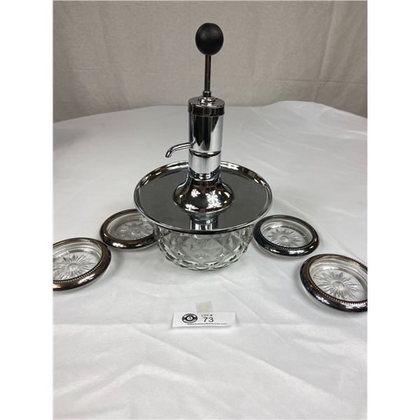 Mid Century Modern Chrome & Glass Beverage Dispenser & Silverplate Coaster Set