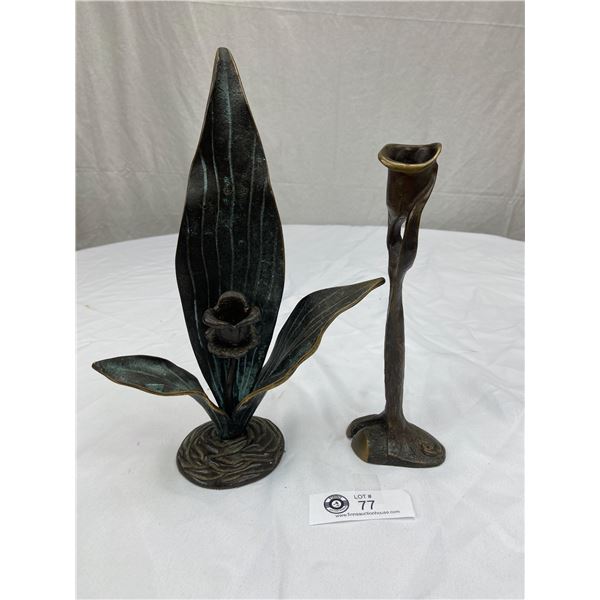 Bronze Art Nouveau Candle Stick & Bronze Leaf Candle Holder 13" Tall