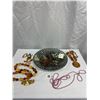 Image 2 : Vintage Carnival Glass Tray with Costume Jewelry