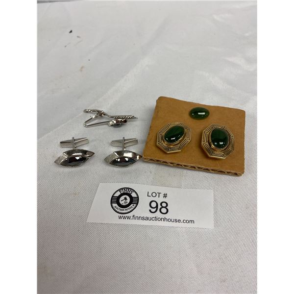 Vintage Men's Jade and Black Alaska Diamond Cufflinks & Tie Clip Sets