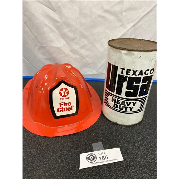 Vintage Full Texaco URSA Heavy Duty Tin +Child's Texaco Fire Chief Hat