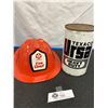 Image 1 : Vintage Full Texaco URSA Heavy Duty Tin +Child's Texaco Fire Chief Hat