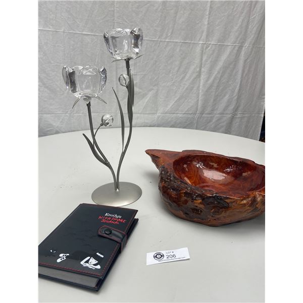 Nice Home Décor Lot, Burl Bowl, Flower Candle Holder and Emily's Nightmare Journal