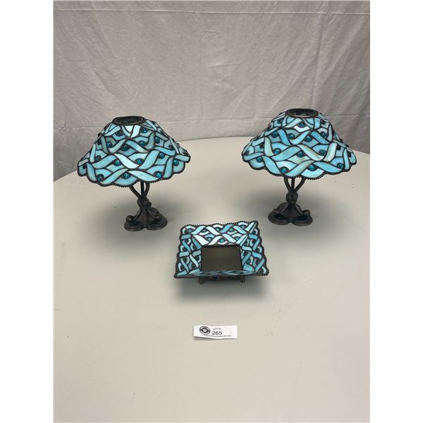 2 Tiffany Style Candle Holders Plus Tray