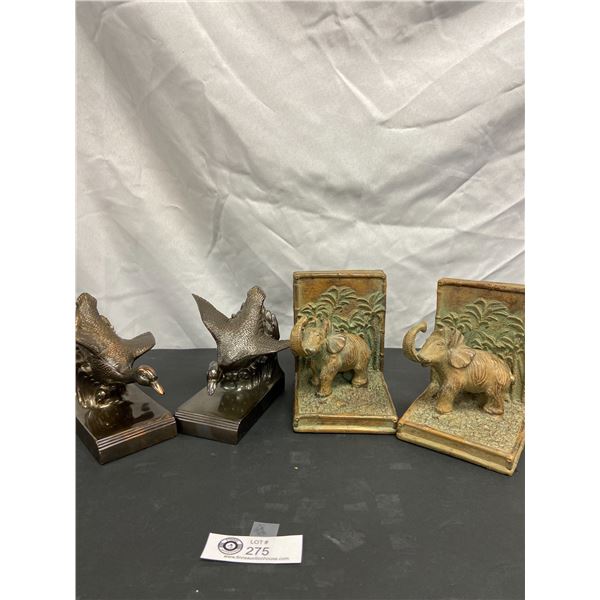 1 Pair of Heavy Vintage PMC Metal Bookends and 1 Pair of Bronze Looking Heavy Elephant Bookends with