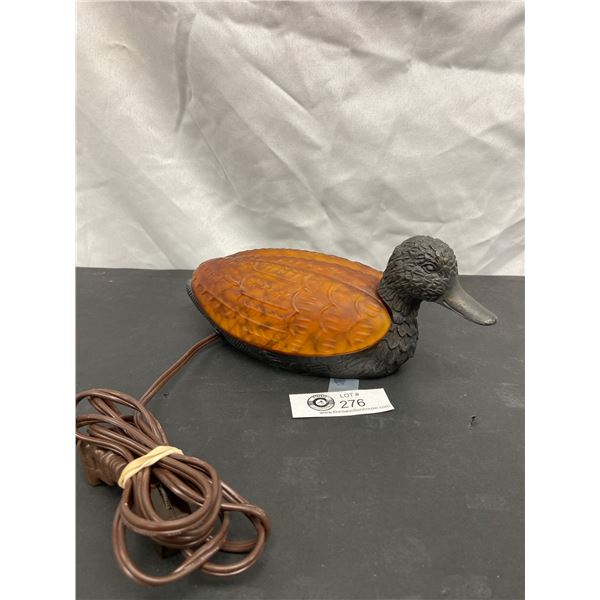 Vintage Amber Flass and Letal Mallard Duck Brass Desk Lamp with Rotary Switch on Cord. Glows and Bea