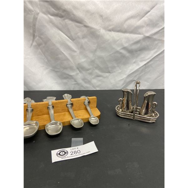 Seagull Pewter Canada Measuring Spoons with Display Rack and Silver Plated Salt & Pepper Shakers in 