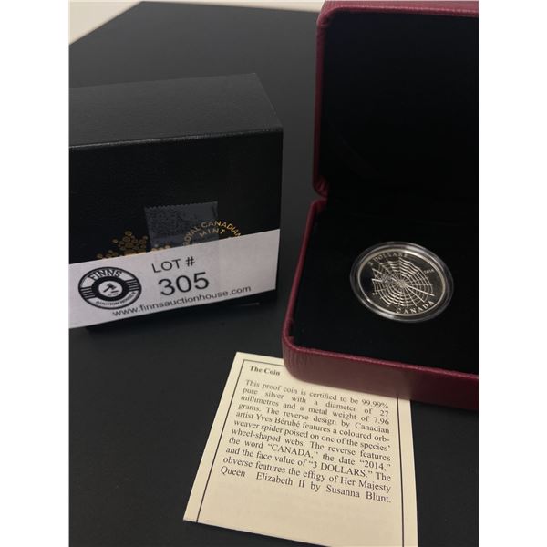 Royal Canadian Mint 2014 $3 Fine Silver Coin  Spider & Web