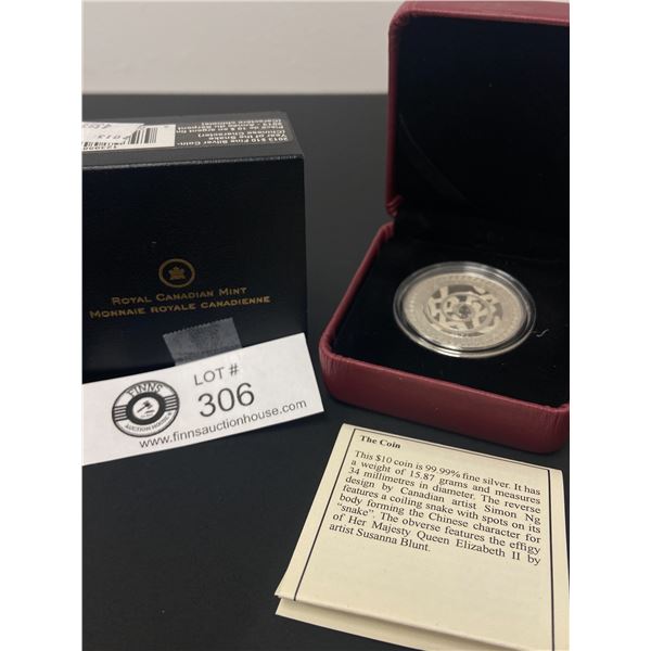 Royal Canadian Mint 2013 $10 Fine Silver Coin  Year of The Snake