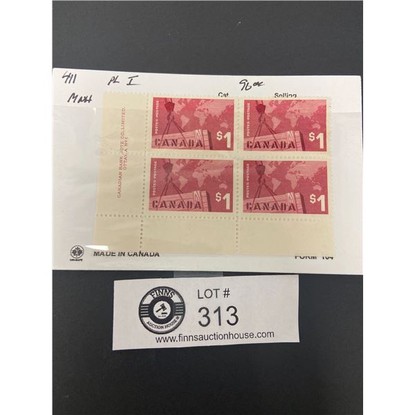 Canada Stamps #411 Plate Block $1 Map and Crane ( 1963) MNH