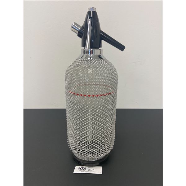 Mid Century Modern Seltzer Bottle with Metal Mesh