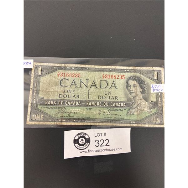 Bank of Canada 1954 Devil's Face $1 Bank Note In Used Condition with Holder