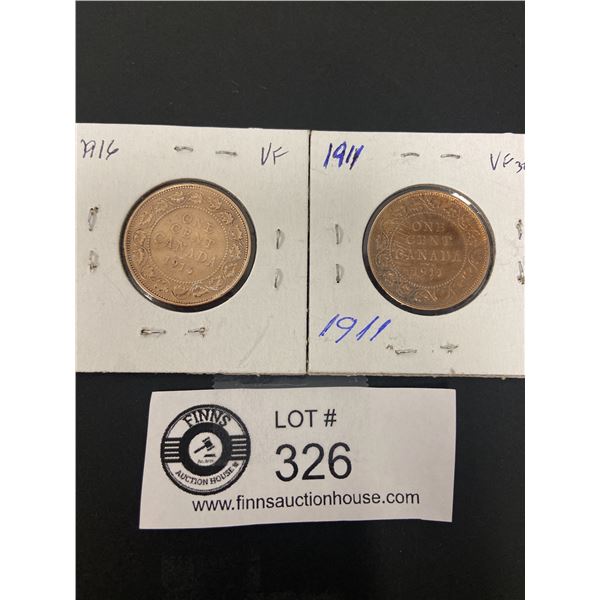 Lot of 2 Canada Large Pennies in Cardboard Holders 1911 and 1916