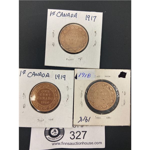 Lot of 3Canada Large Pennies in Cardboard Holders 1917 1918 and 1919