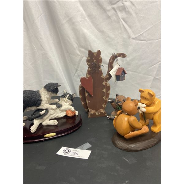 Cat Collectible Lot. Casals Peru, Wood Door Stop, and Articulated Wood Pozy  Bears