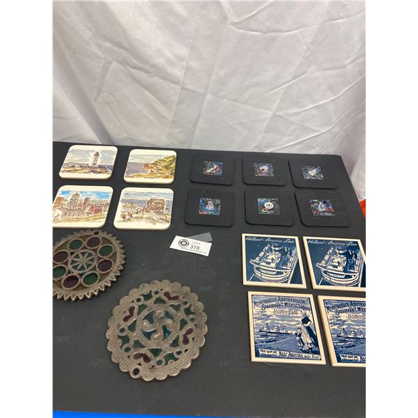 Vintage and New Old Stock Coaster Lot. Metal & Stainned Glass ( hanable) Delftware Holland America L