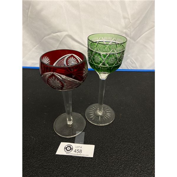 Lot of 2  Bohemian Crystal Wine Gasses. 1 Red and 1 Green