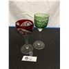 Image 1 : Lot of 2  Bohemian Crystal Wine Gasses. 1 Red and 1 Green