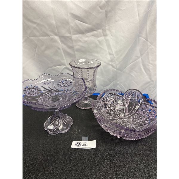 Amethyst Glass Set. Urn, Bowl, Footed Dish