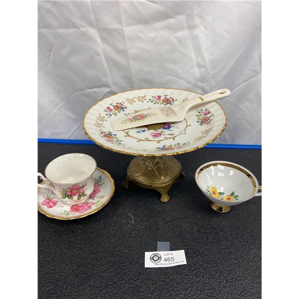 Lot of Vintage Dishes. Brass Pedestal Cake Plate,Bone China Knife and mismatched Tea Cup Set