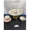 Image 1 : Lot of Vintage Dishes. Brass Pedestal Cake Plate,Bone China Knife and mismatched Tea Cup Set